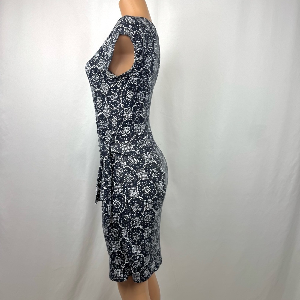 Loft Short Sleeve Side Tie Dress Women's XS Lined Stretch Navy Geometric Print - Picture 5 of 12